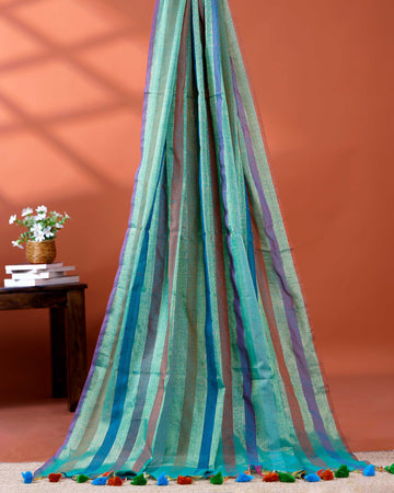 Handloom Mul Mul Cotton Saree with Vertical Stripe Pattern and Decorative Tassels - Multi
