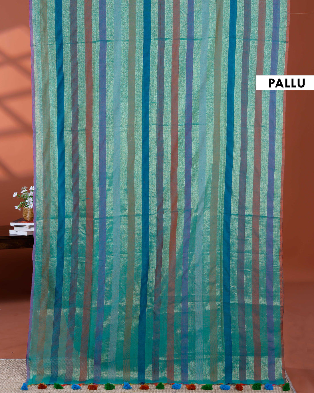 Handloom Mul Mul Cotton Saree with Vertical Stripe Pattern and Decorative Tassels - Multi