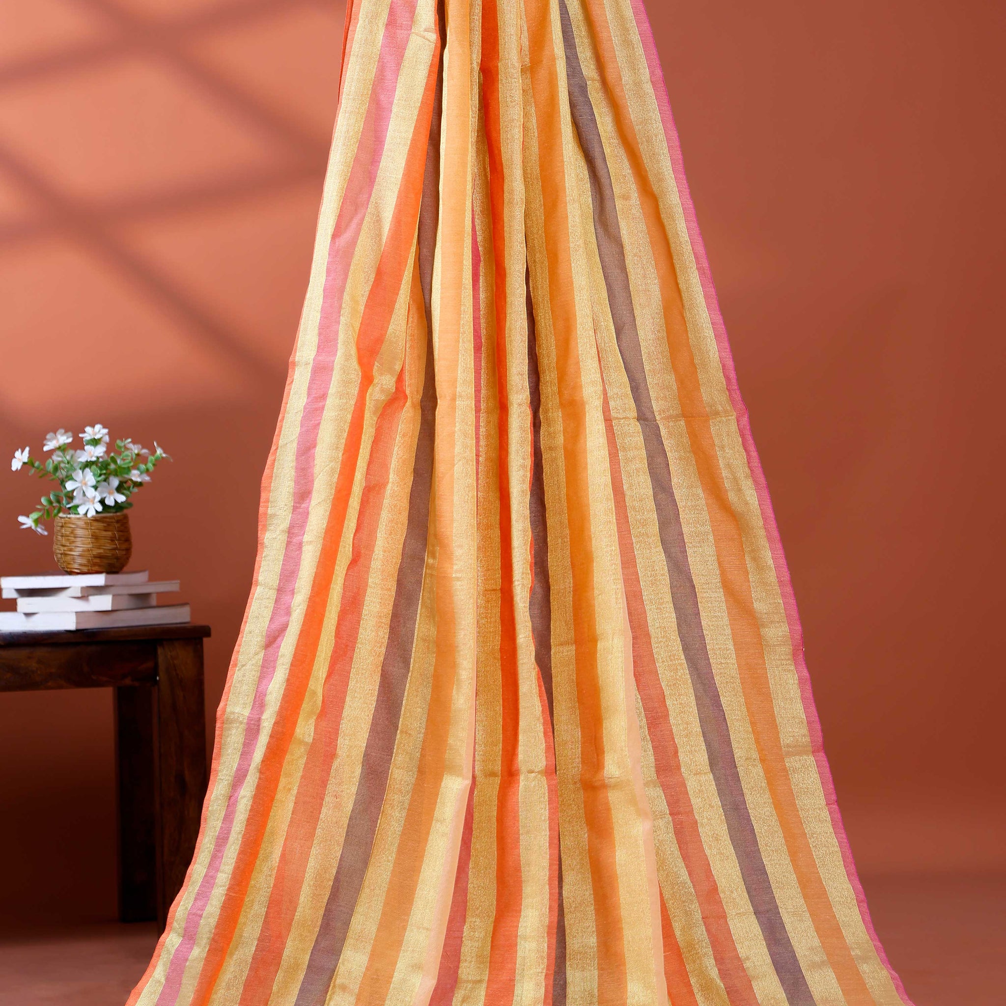 Handloom Mul Mul Cotton Saree with Vertical Stripe Pattern and Decorative Tassels - Multi