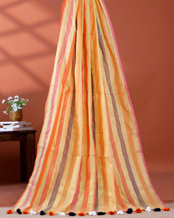 Handloom Mul Mul Cotton Saree with Vertical Stripe Pattern and Decorative Tassels - Multi