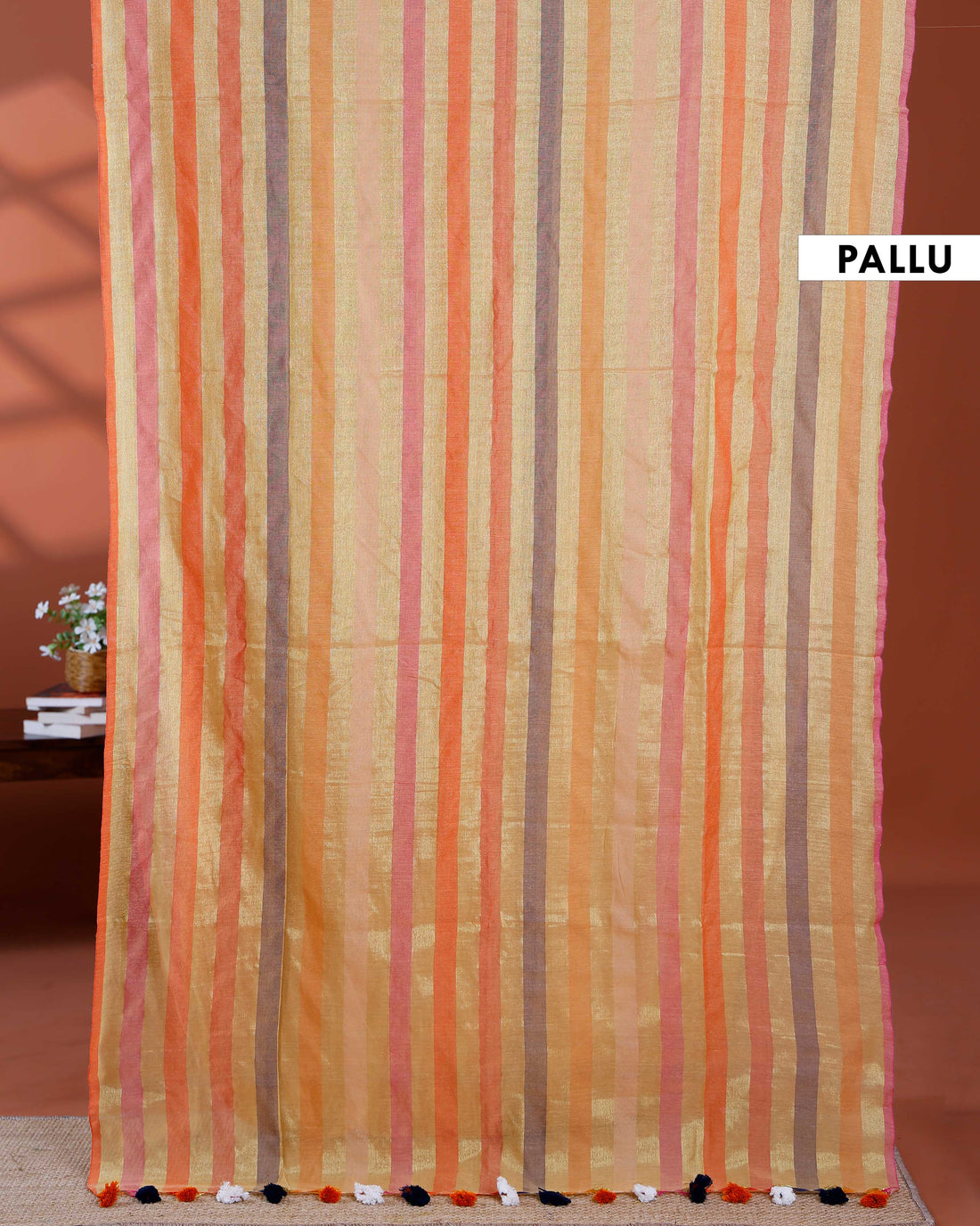Handloom Mul Mul Cotton Saree with Vertical Stripe Pattern and Decorative Tassels - Multi
