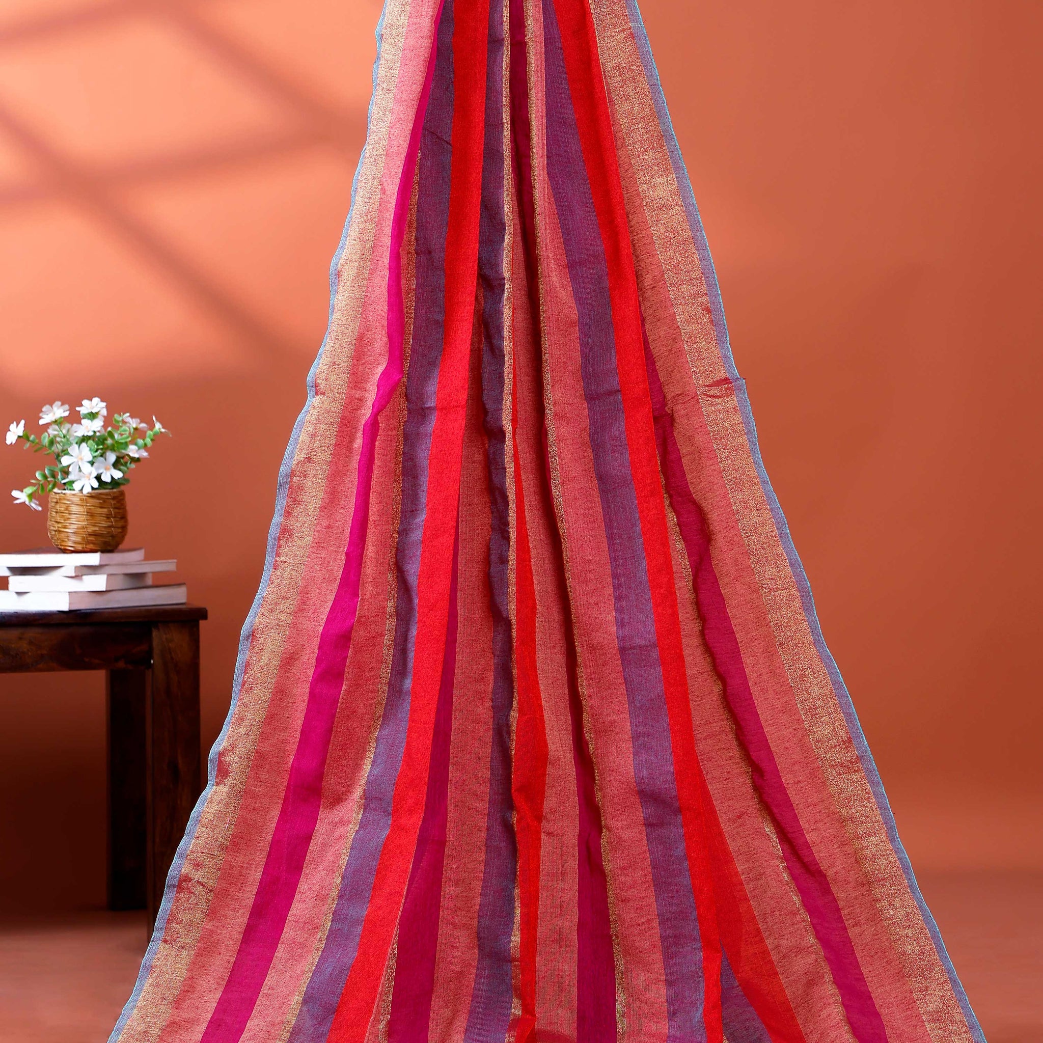 Handloom Mul Mul Cotton Saree with Vertical Stripe Pattern and Decorative Tassels - Multi