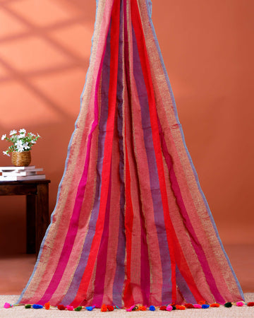 Handloom Mul Mul Cotton Saree with Vertical Stripe Pattern and Decorative Tassels - Multi