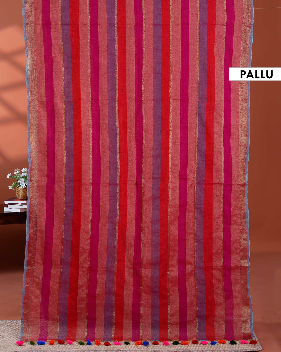 Handloom Mul Mul Cotton Saree with Vertical Stripe Pattern and Decorative Tassels - Multi