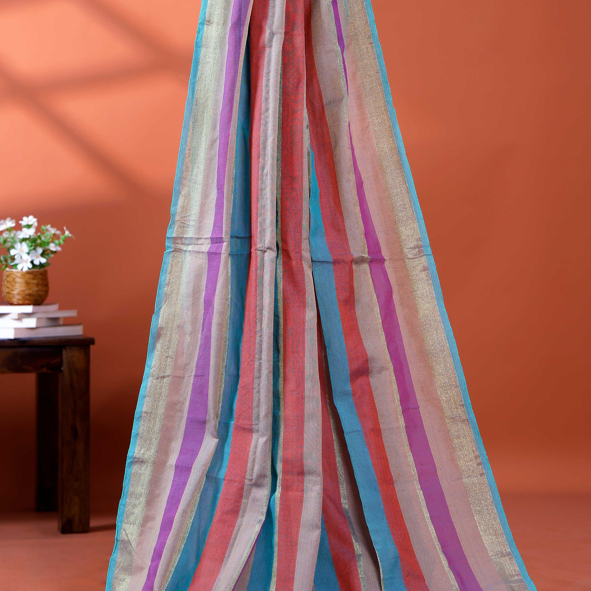 Handloom Mul Mul Cotton Saree with Vertical Stripe Pattern and Decorative Tassels - Multi