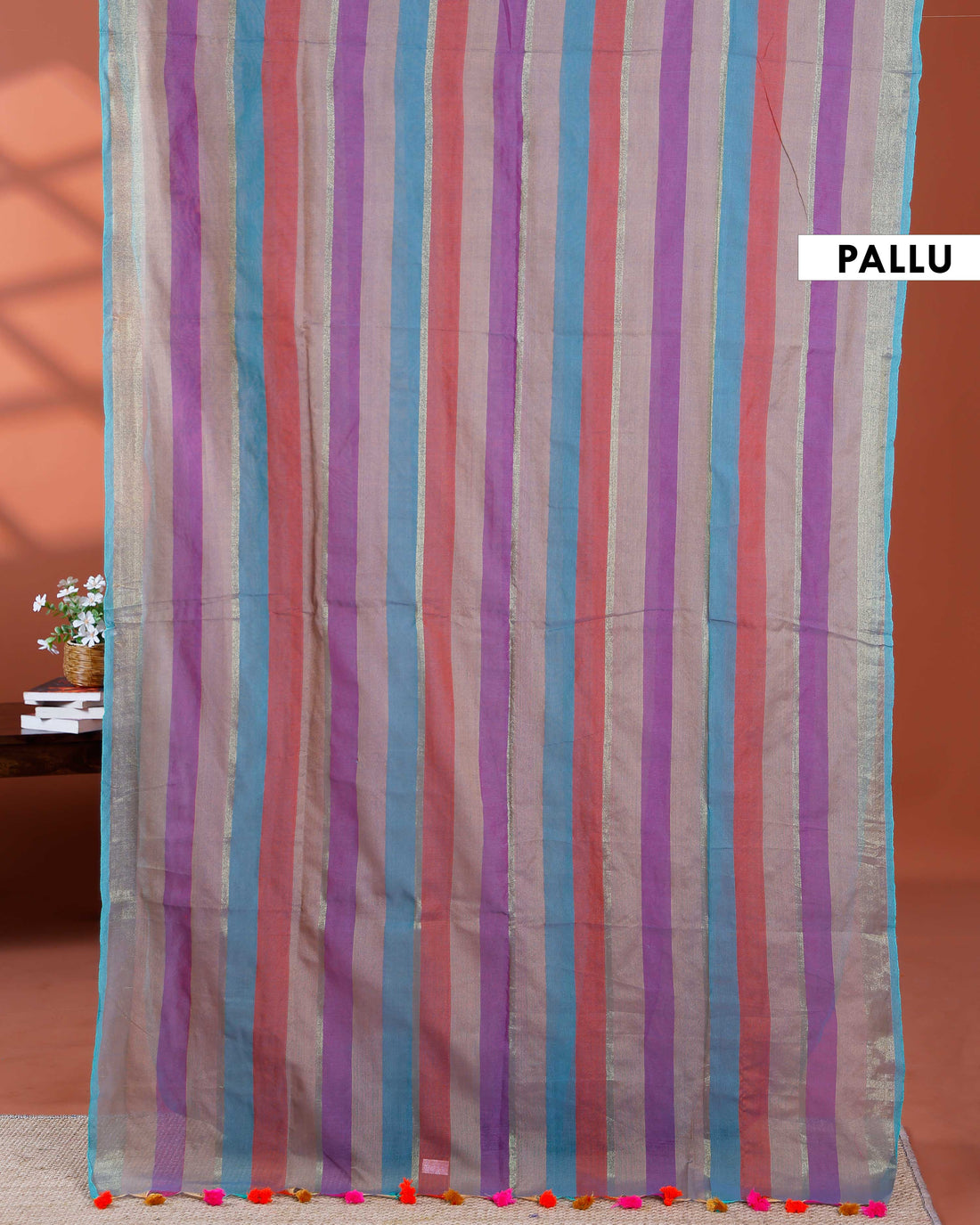 Handloom Mul Mul Cotton Saree with Vertical Stripe Pattern and Decorative Tassels - Multi