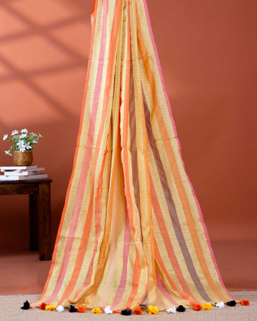 Handloom Mul Mul Cotton Saree with Vertical Stripe Pattern and Decorative Tassels - Multi
