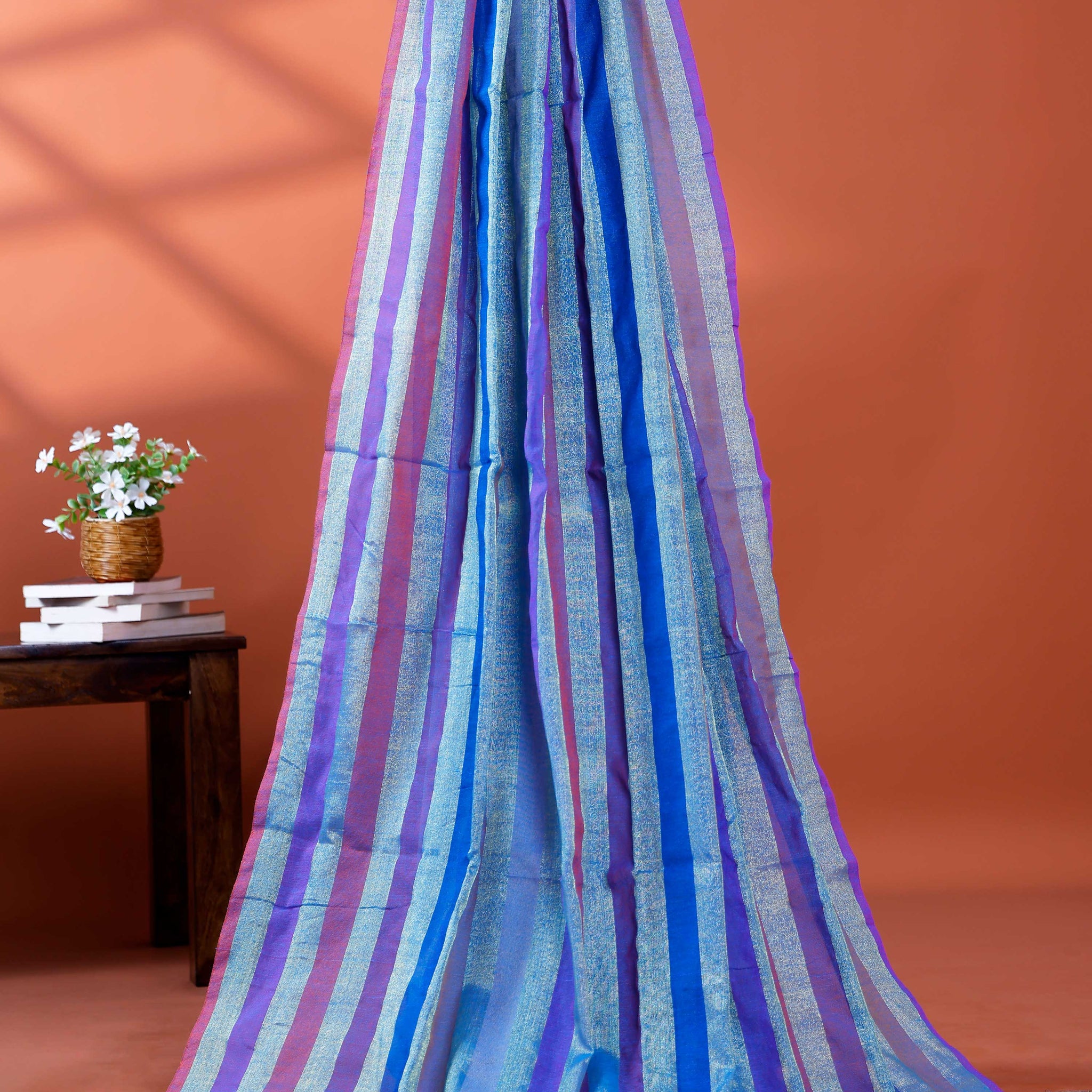 Handloom Mul Mul Cotton Saree with Vertical Stripe Pattern and Decorative Tassels - Purple