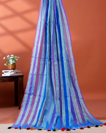 Handloom Mul Mul Cotton Saree with Vertical Stripe Pattern and Decorative Tassels - Purple