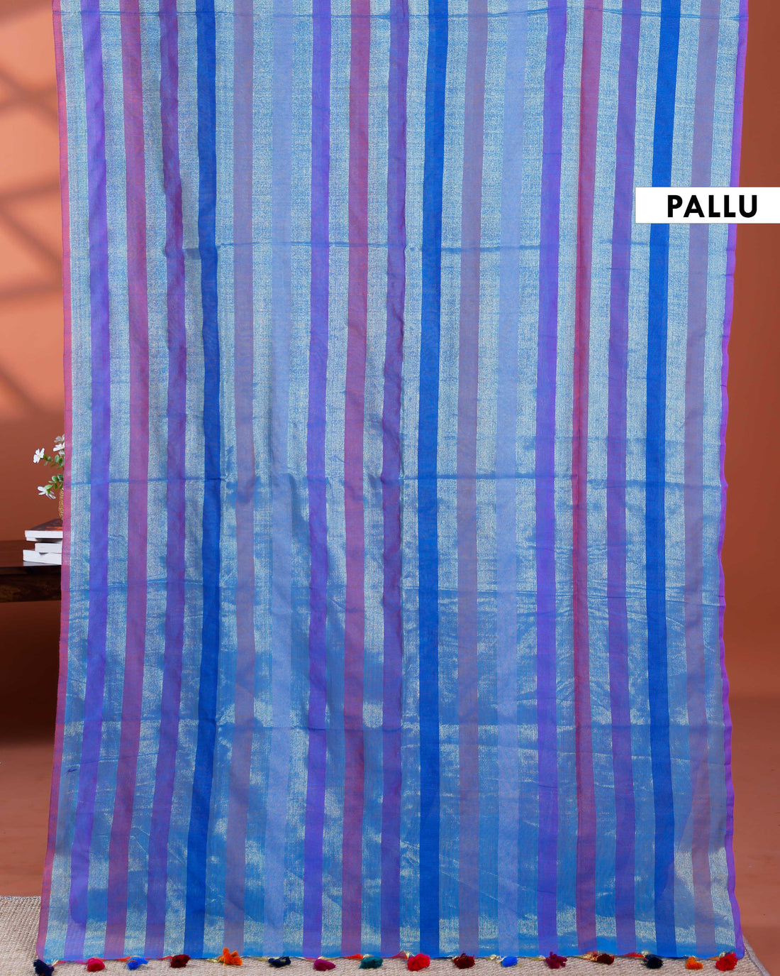 Handloom Mul Mul Cotton Saree with Vertical Stripe Pattern and Decorative Tassels - Purple