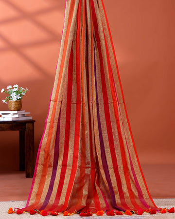 Handloom Mul Mul Cotton Saree with Vertical Stripe Pattern and Decorative Tassels - Multi