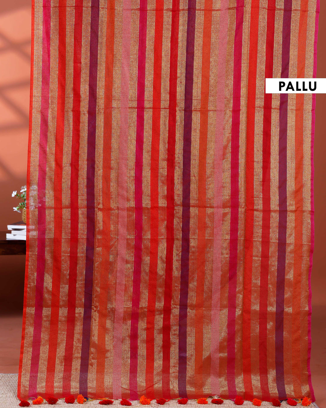 Handloom Mul Mul Cotton Saree with Vertical Stripe Pattern and Decorative Tassels - Multi