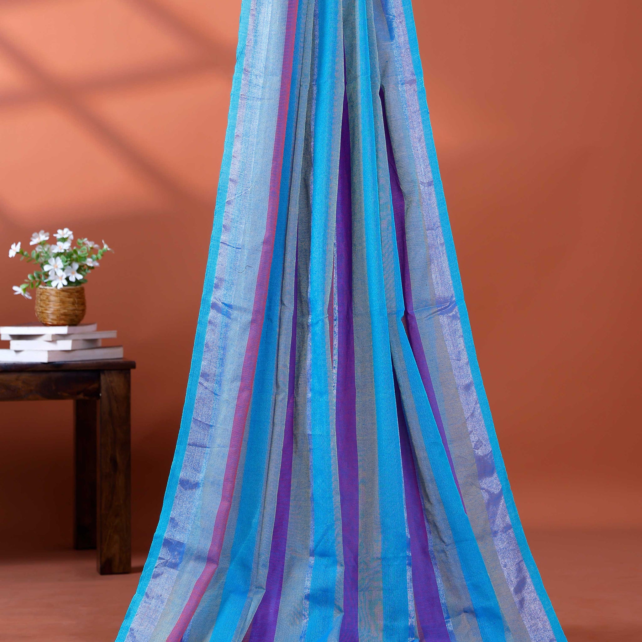 Handloom Mul Mul Cotton Saree with Vertical Stripe Pattern and Decorative Tassels - Purple