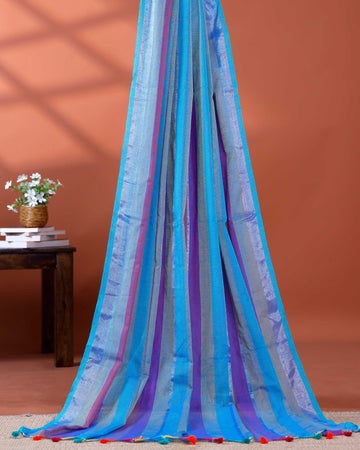 Handloom Mul Mul Cotton Saree with Vertical Stripe Pattern and Decorative Tassels - Purple