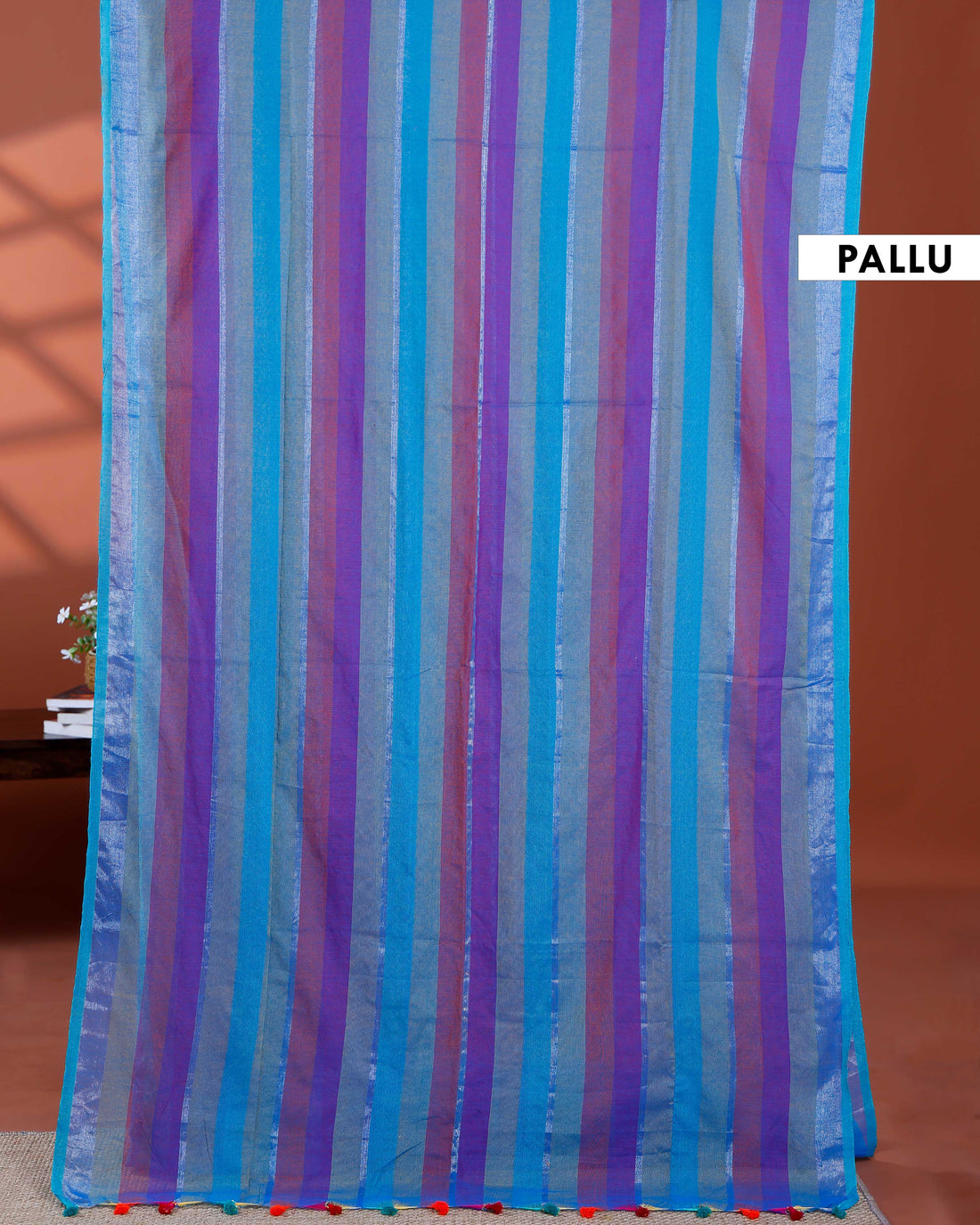 Handloom Mul Mul Cotton Saree with Vertical Stripe Pattern and Decorative Tassels - Purple