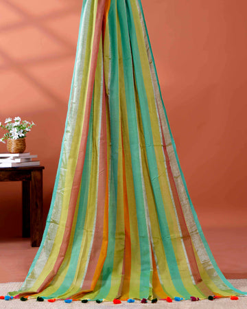 Handloom Mul Mul Cotton Saree with Vertical Stripe Pattern and Decorative Tassels - Multi