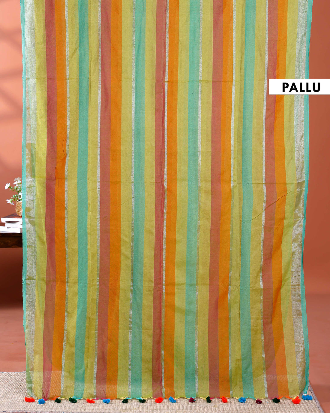 Handloom Mul Mul Cotton Saree with Vertical Stripe Pattern and Decorative Tassels - Multi