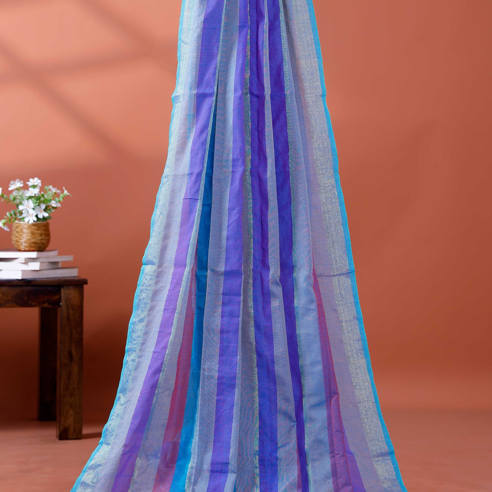 Handloom Mul Mul Cotton Saree with Vertical Stripe Pattern and Decorative Tassels - Purple