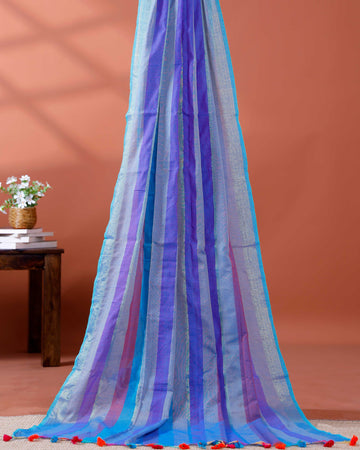 Handloom Mul Mul Cotton Saree with Vertical Stripe Pattern and Decorative Tassels - Purple