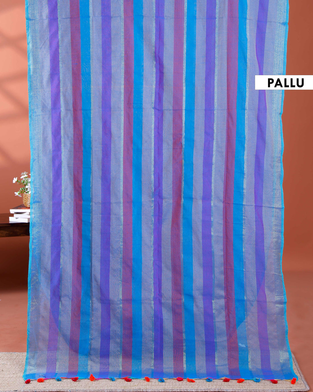 Handloom Mul Mul Cotton Saree with Vertical Stripe Pattern and Decorative Tassels - Purple