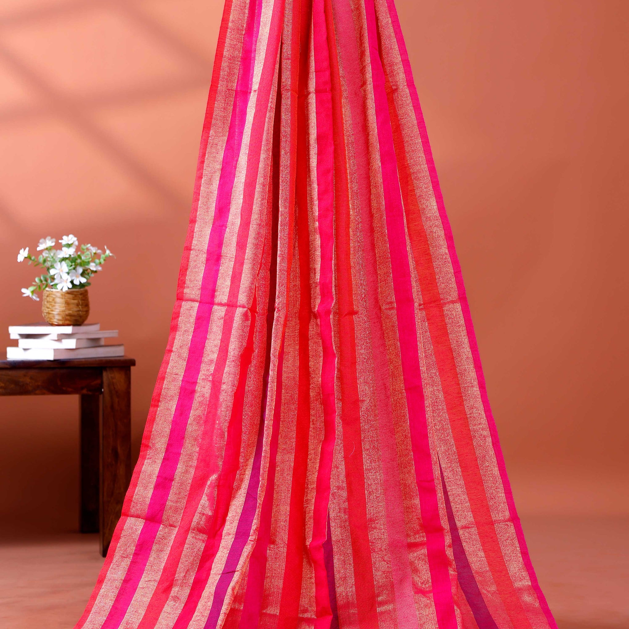 Handloom Mul Mul Cotton Saree with Vertical Stripe Pattern and Decorative Tassels - Multi