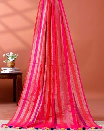 Handloom Mul Mul Cotton Saree with Vertical Stripe Pattern and Decorative Tassels - Multi