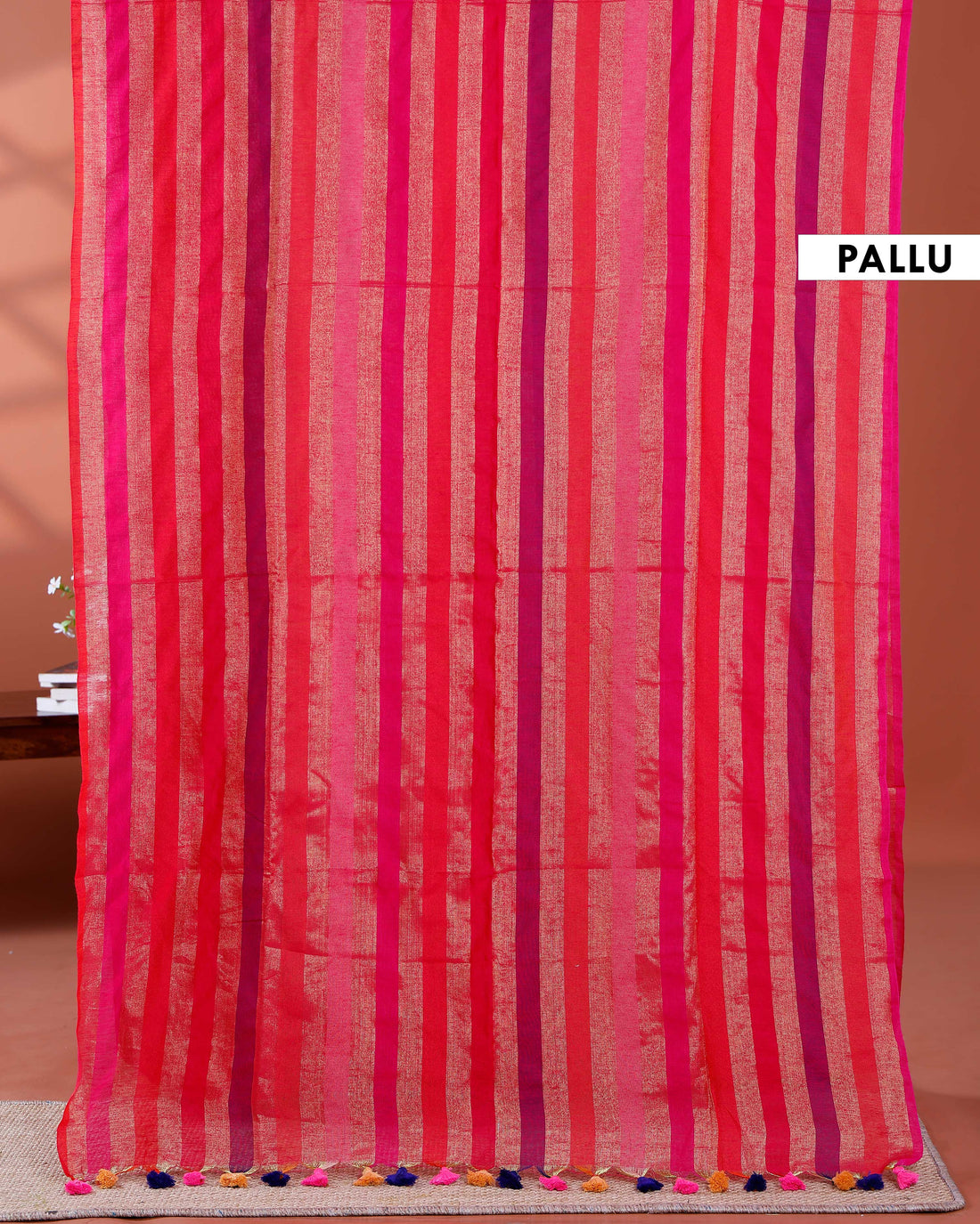 Handloom Mul Mul Cotton Saree with Vertical Stripe Pattern and Decorative Tassels - Multi