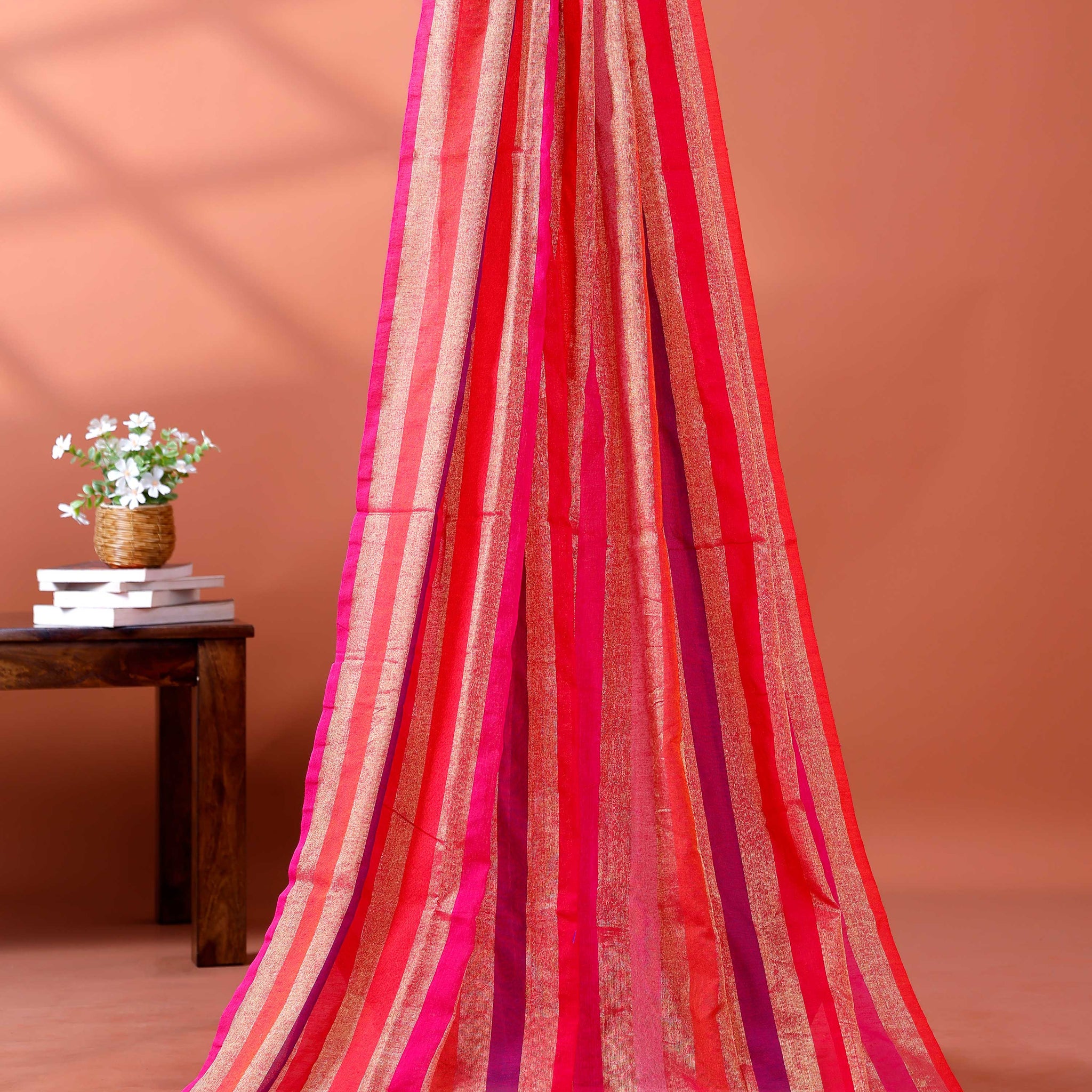 Handloom Mul Mul Cotton Saree with Vertical Stripe Pattern and Decorative Tassels - Multi