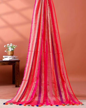 Handloom Mul Mul Cotton Saree with Vertical Stripe Pattern and Decorative Tassels - Multi