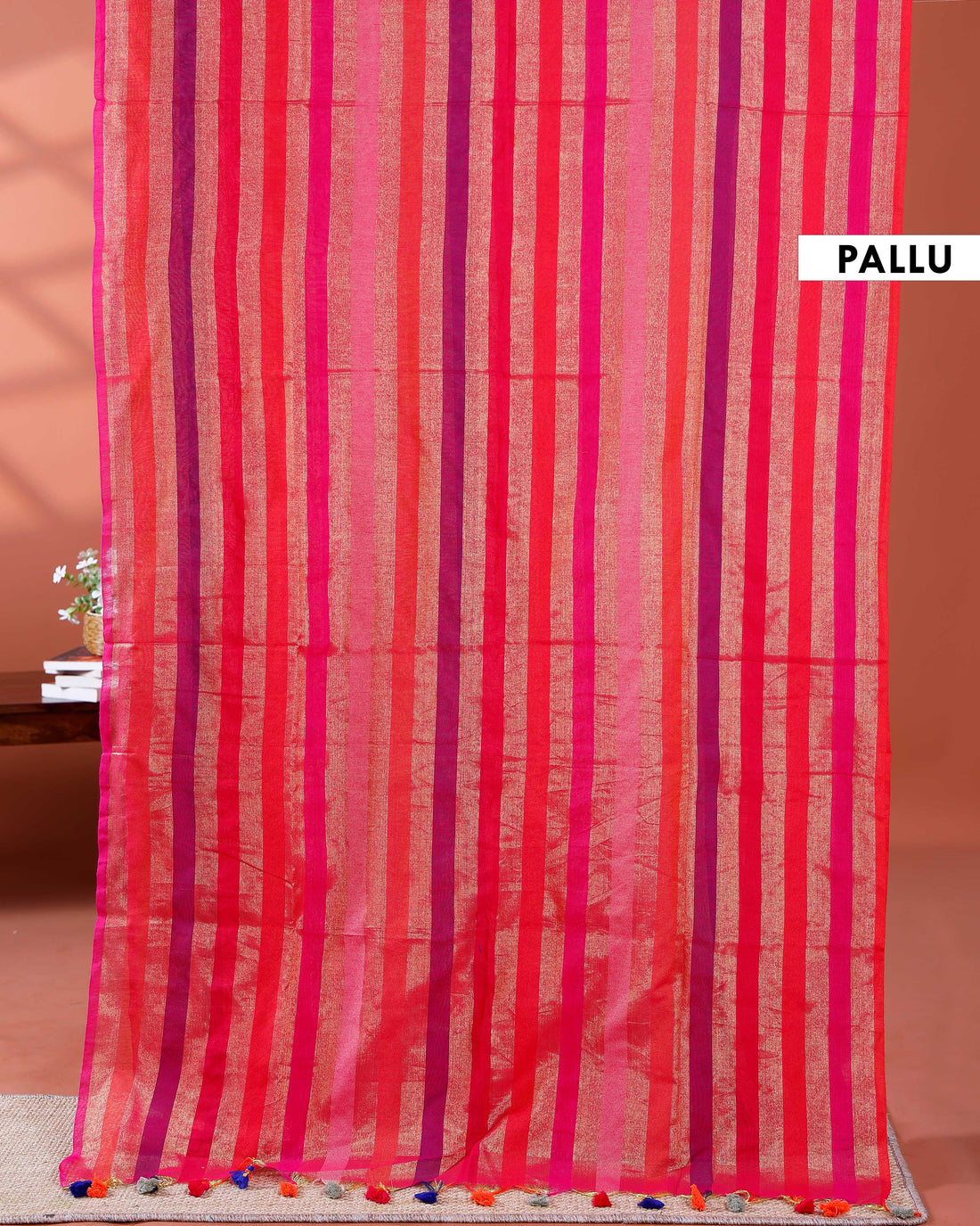 Handloom Mul Mul Cotton Saree with Vertical Stripe Pattern and Decorative Tassels - Multi