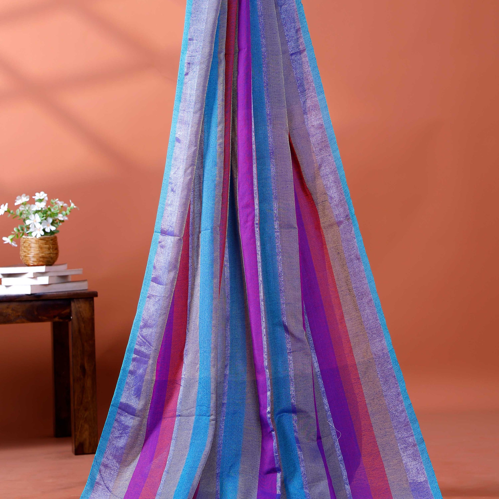 Handloom Mul Mul Cotton Saree with Vertical Stripe Pattern and Decorative Tassels - Multi