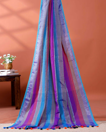Handloom Mul Mul Cotton Saree with Vertical Stripe Pattern and Decorative Tassels - Multi