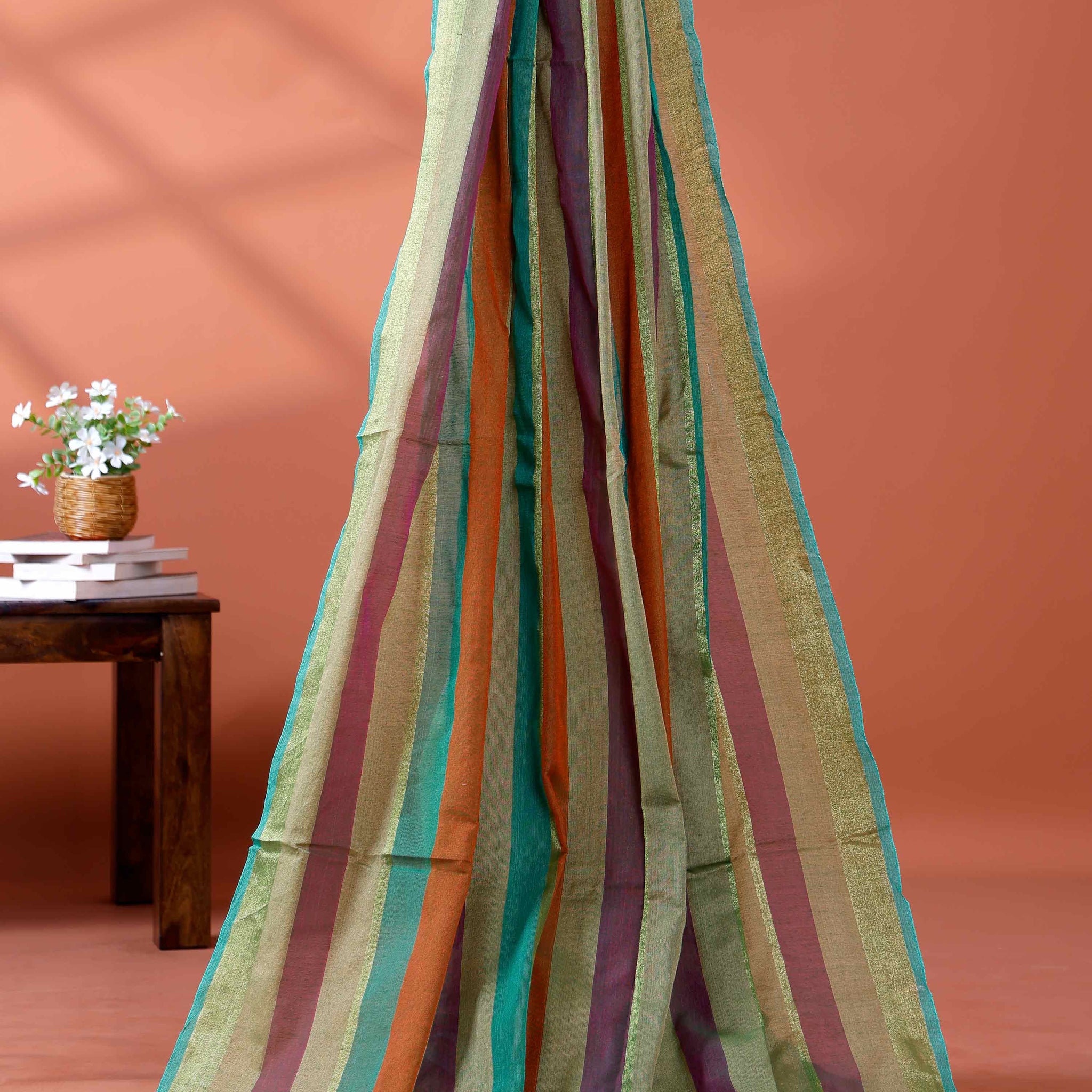 Handloom Mul Mul Cotton Saree with Vertical Stripe Pattern and Decorative Tassels - Multi
