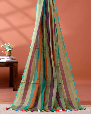 Handloom Mul Mul Cotton Saree with Vertical Stripe Pattern and Decorative Tassels - Multi