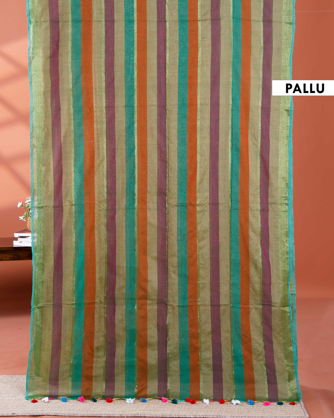 Handloom Mul Mul Cotton Saree with Vertical Stripe Pattern and Decorative Tassels - Multi