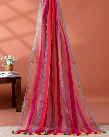 Handloom Mul Mul Cotton Saree with Vertical Stripe Pattern and Decorative Tassels - Multi