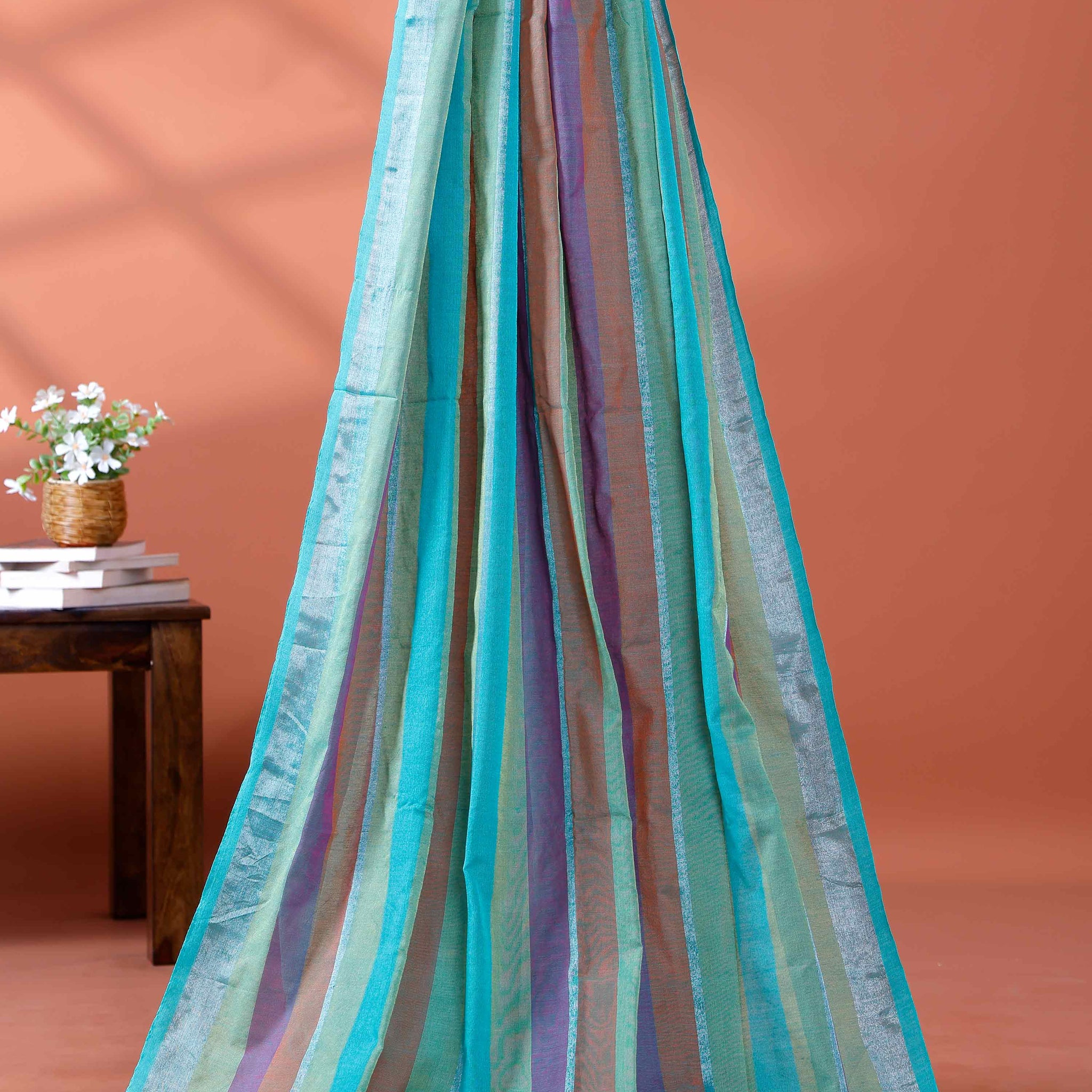 Handloom Mul Mul Cotton Saree with Vertical Stripe Pattern and Decorative Tassels - Multi