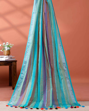 Handloom Mul Mul Cotton Saree with Vertical Stripe Pattern and Decorative Tassels - Multi