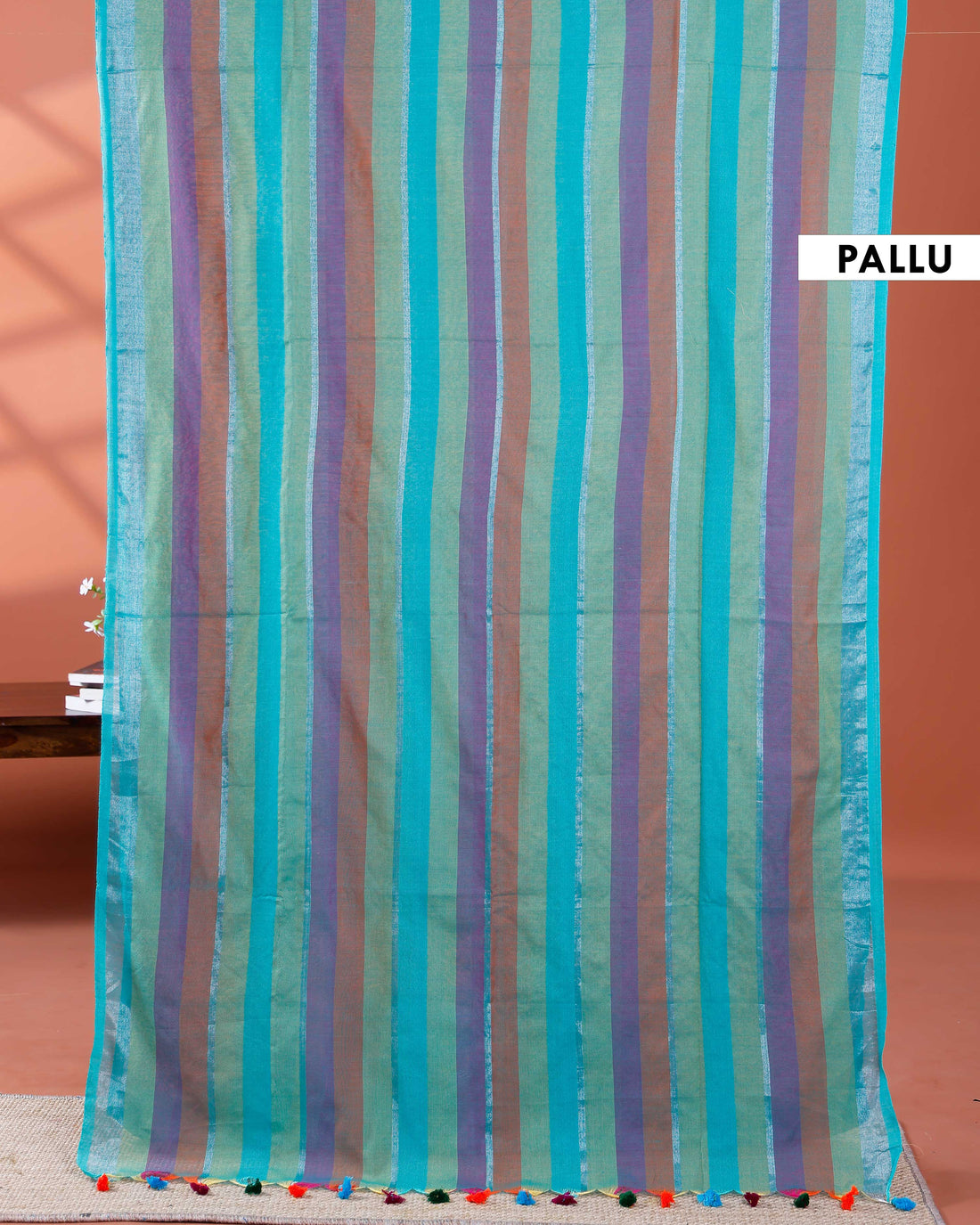 Handloom Mul Mul Cotton Saree with Vertical Stripe Pattern and Decorative Tassels - Multi