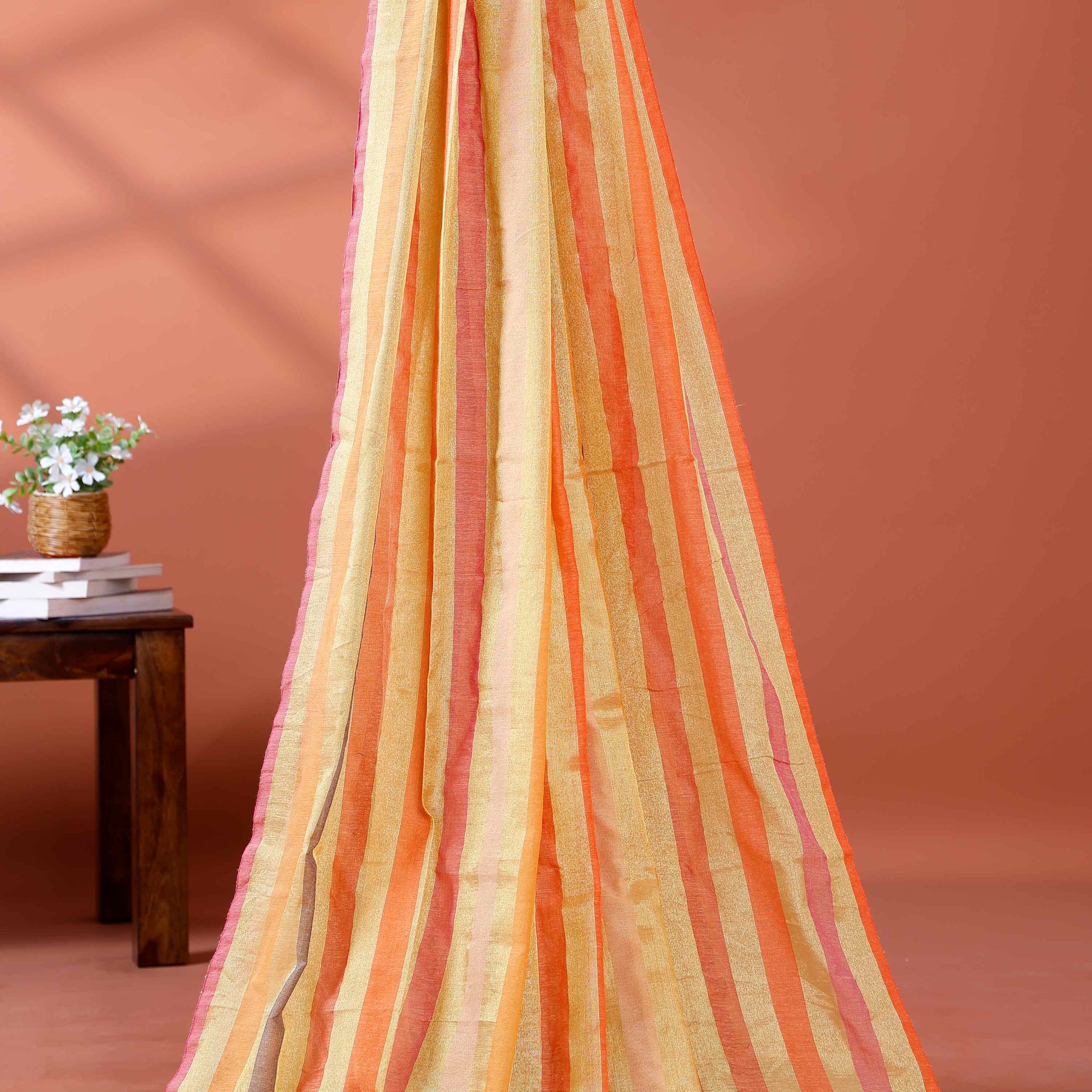 Handloom Mul Mul Cotton Saree with Vertical Stripe Pattern and Decorative Tassels - Multi