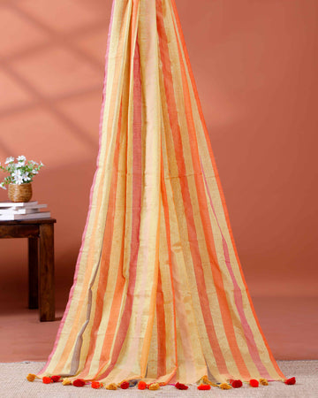 Handloom Mul Mul Cotton Saree with Vertical Stripe Pattern and Decorative Tassels - Multi