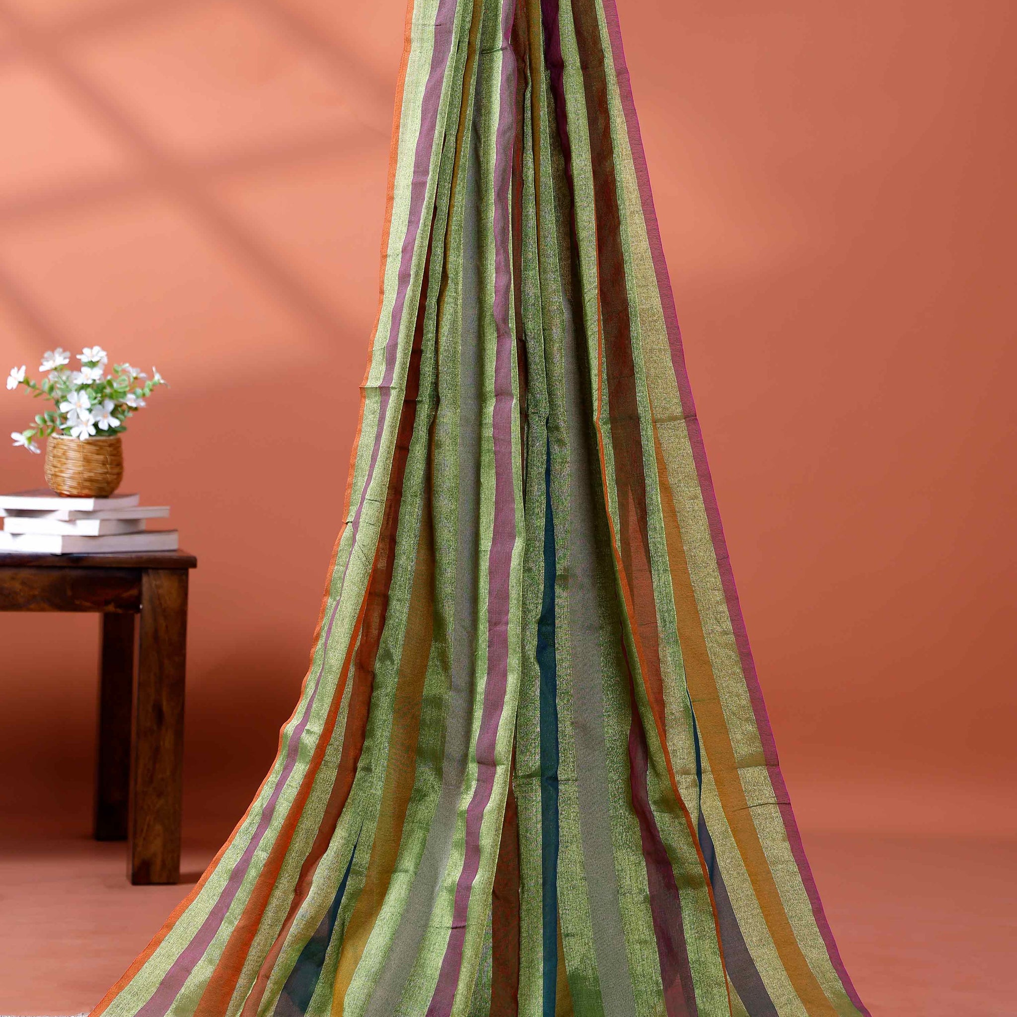 Handloom Mul Mul Cotton Saree with Vertical Stripe Pattern and Decorative Tassels - Multi