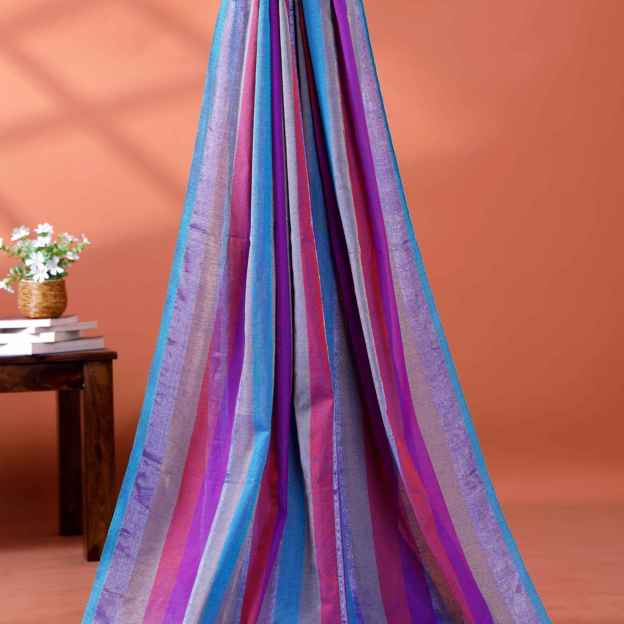 Handloom Mul Mul Cotton Saree with Vertical Stripe Pattern and Decorative Tassels - Multi