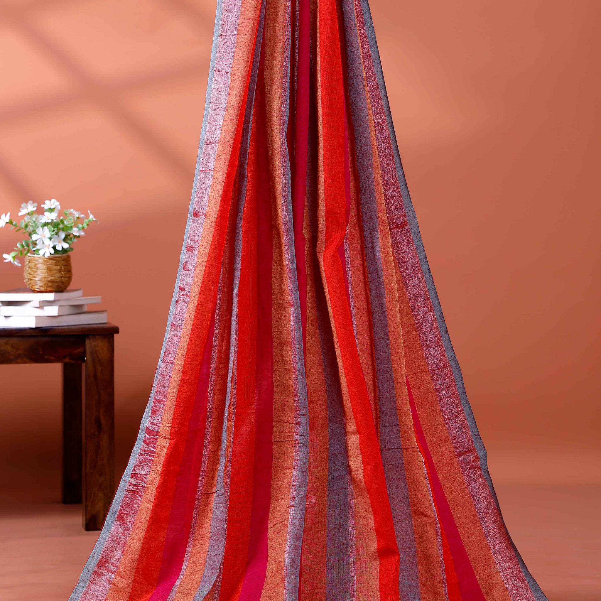 Handloom Mul Mul Cotton Saree with Vertical Stripe Pattern and Decorative Tassels - Multi