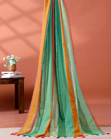 Handloom Mul Mul Cotton Saree with Vertical Stripe Pattern and Decorative Tassels - Multi