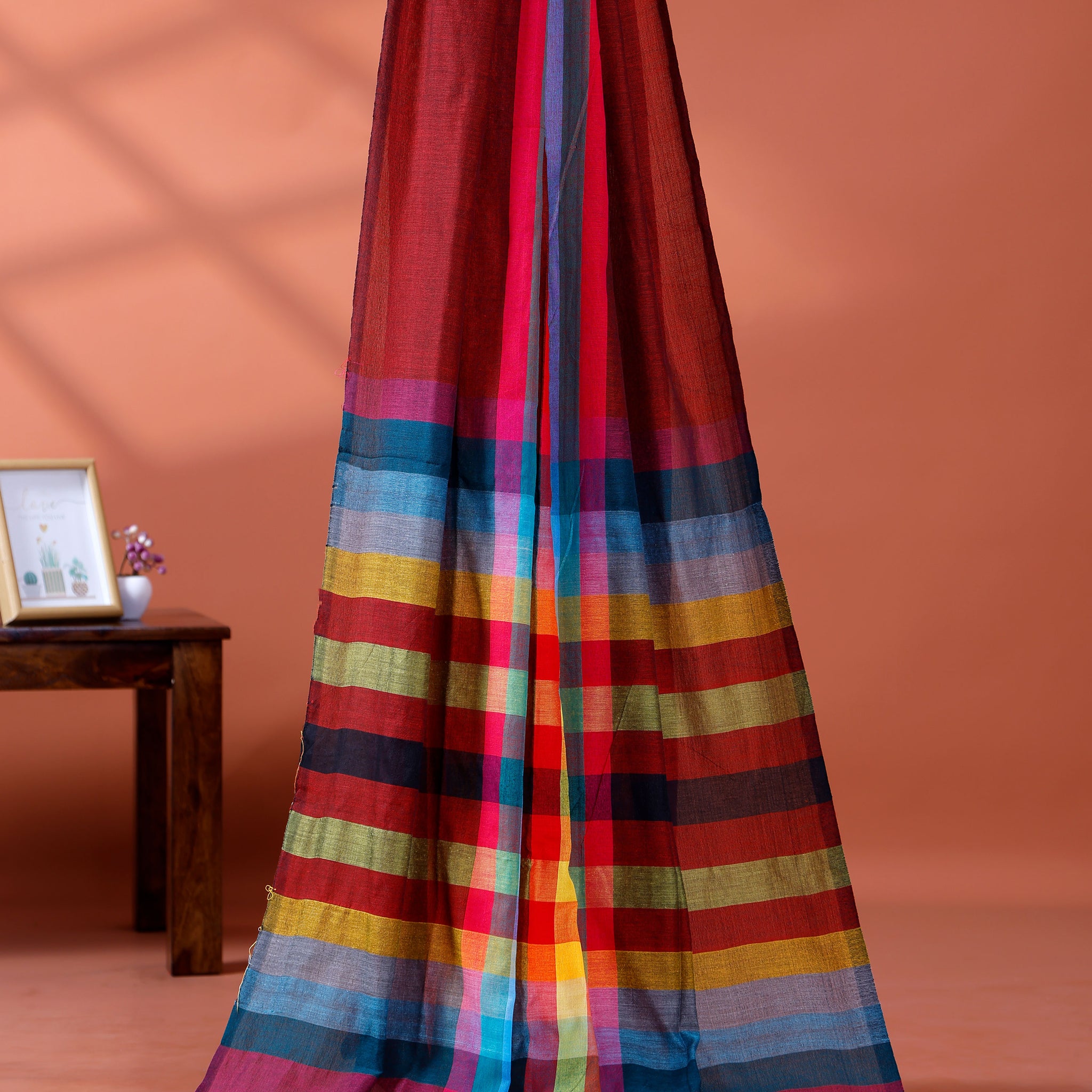 Elegant Rainbow Cotton Saree with Striped Pattern and Tassel Border - Maroon