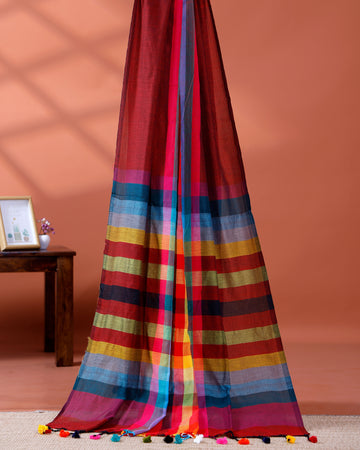 Elegant Rainbow Cotton Saree with Striped Pattern and Tassel Border - Maroon