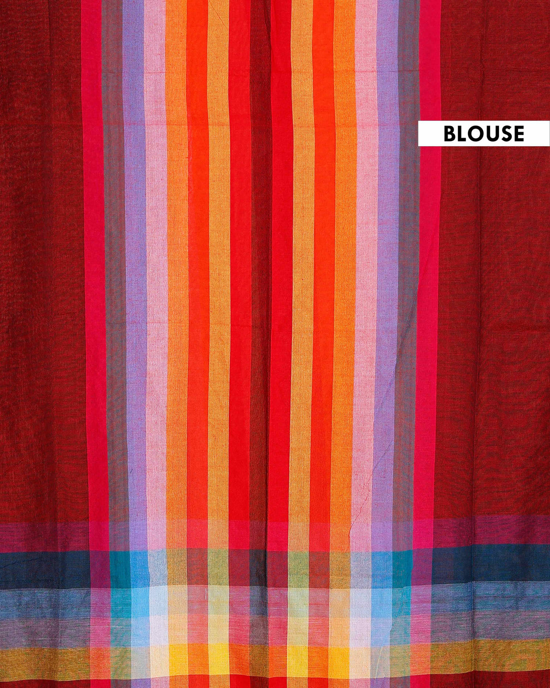 Elegant Rainbow Cotton Saree with Striped Pattern and Tassel Border - Maroon