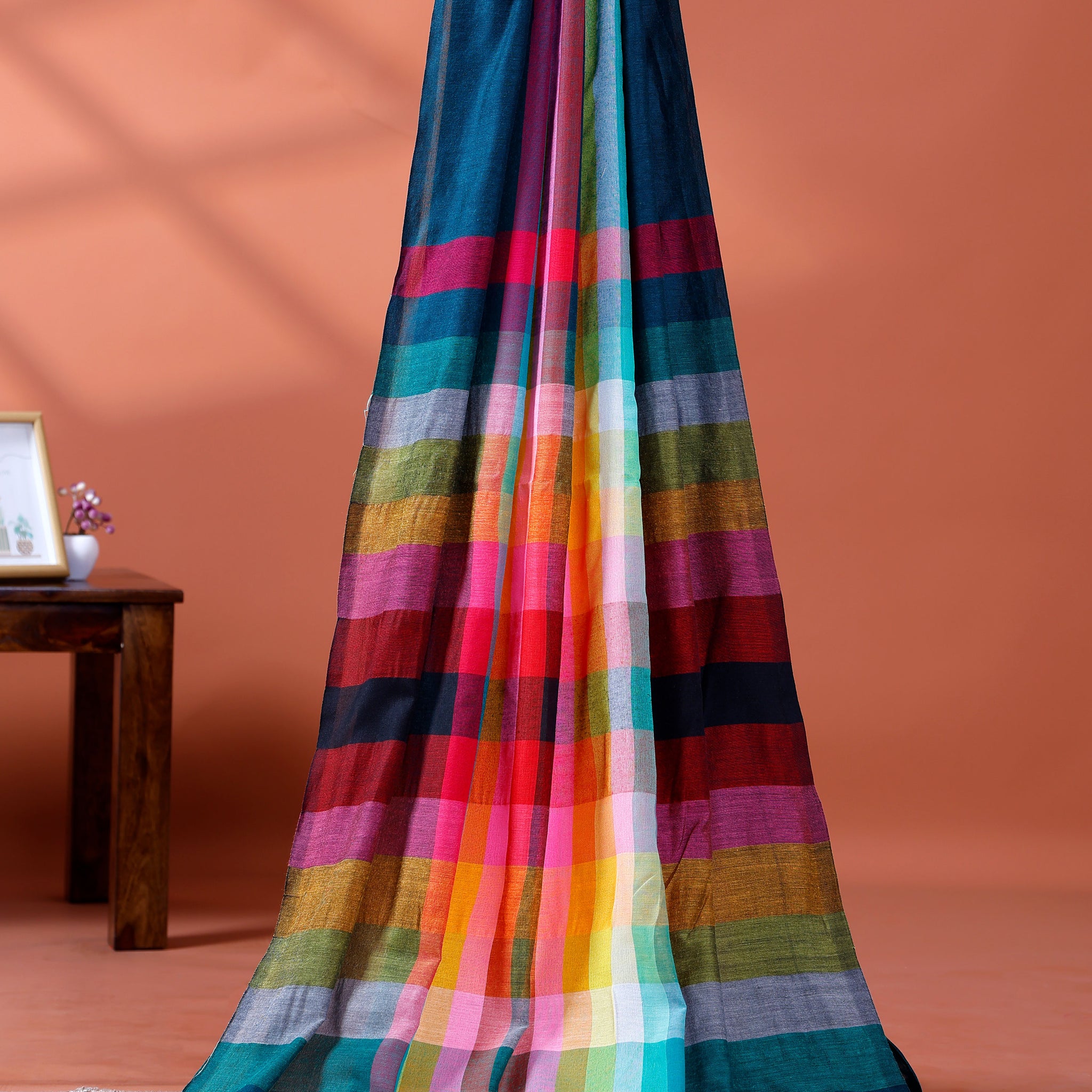 Elegant Rainbow Cotton Saree with Striped Pattern and Tassel Border - Teal