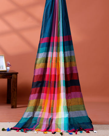 Elegant Rainbow Cotton Saree with Striped Pattern and Tassel Border - Teal